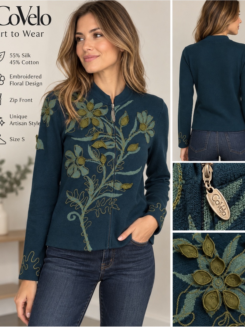 CoVelo Silk Cotton Floral Embroidered Zip Front Sweater Jacket S Art To Wear